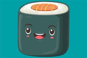 En glad tegneserie sushi-rulle med et smilende ansigt mod en turkis baggrund