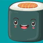 En glad tegneserie sushi-rulle med et smilende ansigt mod en turkis baggrund