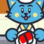 En blå kat med en kokkehue holder en tallerken med sushi i hænderne