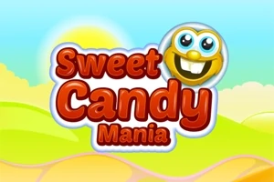 Farverigt landskab med teksten Sweet Candy Mania og et smilende ansigt