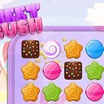 Titel Sweet Crush med farverige slikikoner på et spillebræt med en pastelbaggrund