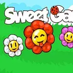 Tegnefilmagtige blomster med ansigter i forskellige farver og teksten Sweet Garden med en mariehøne ovenpå