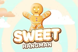 En smilede honningkagemand står foran teksten Sweet Hangman med en pastelfarvet baggrund