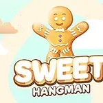En smilede honningkagemand står foran teksten Sweet Hangman med en pastelfarvet baggrund