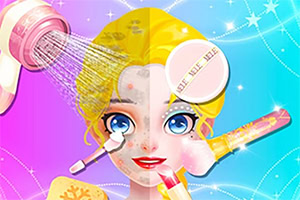 En tegneseriefigur med halv ansigtsbehandling, makeup, hudplejeelementer og en farverig baggrund