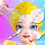 En tegneseriefigur med halv ansigtsbehandling, makeup, hudplejeelementer og en farverig baggrund