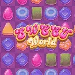 Farverigt mønster af forskellige former og typer af slik på en lilla baggrund med teksten Sweet World i midten