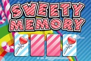 Farverigt design med teksten Sweety Memory og tre spillekort med et hjerteformet slikmotiv på stribede baggrunde