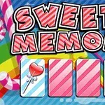 Farverigt design med teksten Sweety Memory og tre spillekort med et hjerteformet slikmotiv på stribede baggrunde