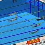 Svømmere konkurrerer i en pool opdelt i baner markeret med forskellige farver