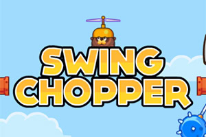 Tegnet figur med gult helikopter på hovedet over teksten SWING CHOPPER mod en lyseblå baggrund med skyer