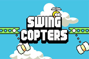 Illustration med ordet SWING COPTERS i midten, en figur med en propel på hovedet og to grønne platforme med svingende forhindringer imod en blå himmel med skyer