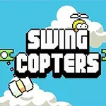 Illustration med ordet SWING COPTERS i midten, en figur med en propel på hovedet og to grønne platforme med svingende forhindringer imod en blå himmel med skyer