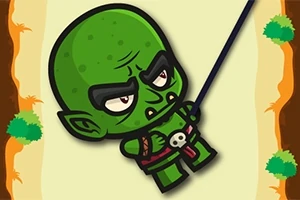 Grøn, karikeret goblin-figur med store øjenbryn og en kraniumdekoration, der klatrer op ad et reb mellem træer