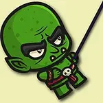 Grøn, karikeret goblin-figur med store øjenbryn og en kraniumdekoration, der klatrer op ad et reb mellem træer