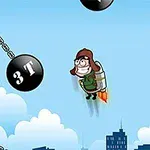 En tegneseriefigur med en jetpack flyver mellem skyskrabere og forbi store pendulerende vægte i en byscene