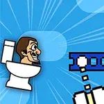 Mand sidder på et toilet med et blå baggrundsmønster og en pixelart-arm skyder mod en række firkanter