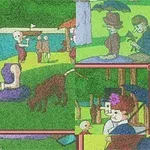 En collage af maleriske scener med mennesker i en park, hvor nogle spiller musik og andre står med paraplyer, omgivet af træer og græs