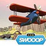 En tegneserieagtig rød og blå dobbeldækker flyver gennem en farverig, lavpoly landskab med bjerge og skyer