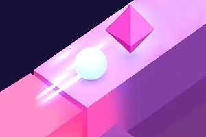 En glødende hvid kugle på en lyserød og lilla platform med en pink pyramide i baggrunden