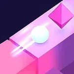 En glødende hvid kugle på en lyserød og lilla platform med en pink pyramide i baggrunden