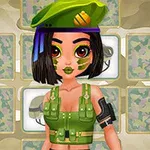 Tegneseriefigur i militærinspireret outfit med grøn hat og vest foran et baggrundsmønster med camouflage