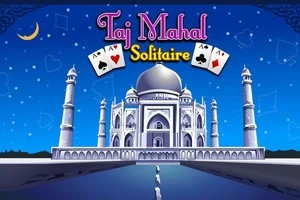 Tegnet billede af Taj Mahal om natten med en stjerneklar himmel, en halvmåne og spillekort der svæver over bygningen
