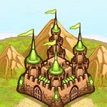 Tegnet slot med grønne tagspir og flag, omkranset af bjerge på en grøn ø