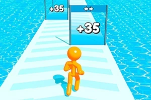 En orange stick-figur løber på en stribet sti over vandet mod to porte med +35 markeringer