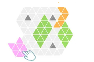 Hvide trekanter arrangeret i et mønster med farvede felter i grøn, orange og grå samt en rosa trekant nederst til venstre ved en håndmarkør