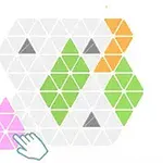 Hvide trekanter arrangeret i et mønster med farvede felter i grøn, orange og grå samt en rosa trekant nederst til venstre ved en håndmarkør