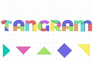 Ord TANGRAM skrevet i farverige blokbogstaver over geometriske former på et ternet baggrund