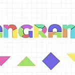 Ord TANGRAM skrevet i farverige blokbogstaver over geometriske former på et ternet baggrund