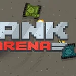 Pixelgrafik med tre farverige kampvogne på en brun baggrund og teksten Tank Arena i midten