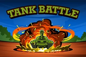 En grøn tank skyder fra en eksplosionssky, med teksten TANK BATTLE øverst på et baggrund af himmel og træer