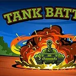 En grøn tank skyder fra en eksplosionssky, med teksten TANK BATTLE øverst på et baggrund af himmel og træer