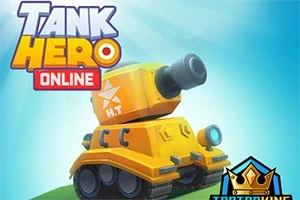 En gul tegneserie-tank med kanon på en blå baggrund