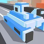 Blåt og hvidt pixeleret køretøj formet som en tank kører på en vej med bygninger i baggrunden