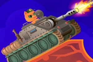 En kat med solbriller kører en kampvogn, der skyder med en lysende ildkugle mod en blå baggrund
