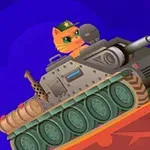 En kat med solbriller kører en kampvogn, der skyder med en lysende ildkugle mod en blå baggrund
