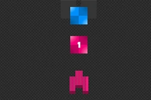 En pink, pixeleret rumskibsgrafik med en blå firkant og et lyserødt felt med tallet 1 på en mørkternet baggrund