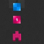 En pink, pixeleret rumskibsgrafik med en blå firkant og et lyserødt felt med tallet 1 på en mørkternet baggrund