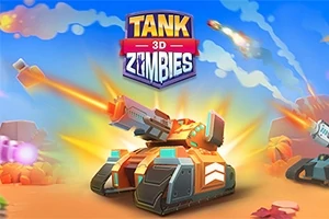 Et futuristisk, orange kamptank affyrer projektiler i en farverig ørkenbaggrund med eksplosioner og flyvende missiler