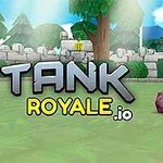 Et lilla kamptank står på en grøn græsmark omgivet af en stenmur og træer med teksten Tank Royale