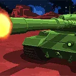 Grøn tank med kanonild på en rød ørkenbaggrund under en stjerneklar nattehimmel