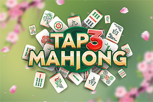 Mahjong-brikker med farverige symboler omgiver teksten Tap 3 Mahjong på en grøn baggrund med pink blomster