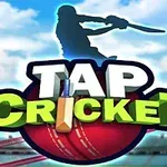 Silhuet af en cricketspiller, stor tekst Tap Cricket med en cricketkølle og bold foran en stadionbaggrund