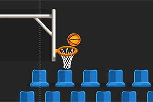Basketbold, der svæver over en kurv foran et sæt blå sæder på en mørk baggrund