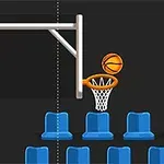 Basketbold, der svæver over en kurv foran et sæt blå sæder på en mørk baggrund