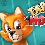 En tegneserie kat med store øjne ved siden af teksten Tap the Mouse på en blå baggrund